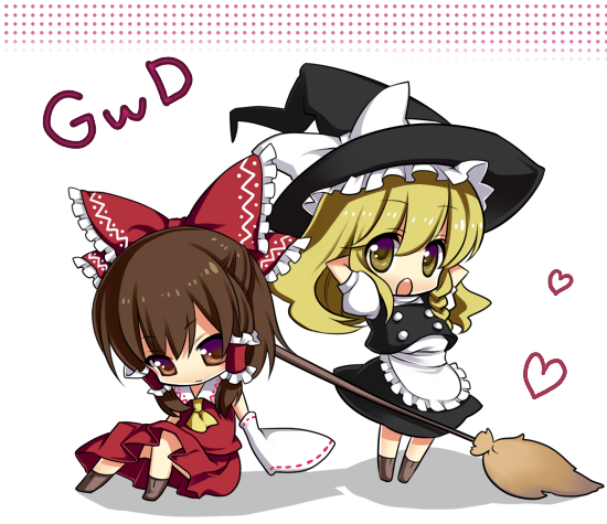masaru.jp, hakurei reimu, kirisame marisa, touhou, bad id, bad pixiv id, 2girls, blonde hair, braid, broom, brown eyes, brown hair, chibi, detached sleeves, female focus, full body, hat, japanese clothes, miko, multiple girls, short hair, skirt, white background, witch, witch hat, yellow eyes
