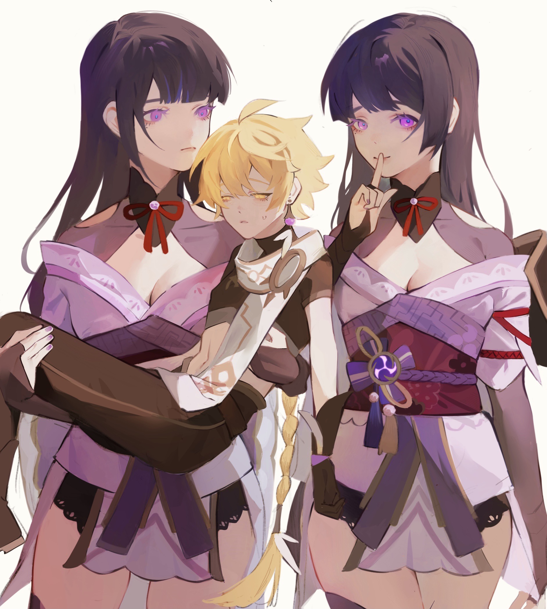 aether (genshin impact), raiden shogun, genshin impact, chinese commentary, highres, 1boy, 2girls, ahoge, alternate hairstyle, black panties, black thighhighs, blonde hair, blue pupils, blunt bangs, braid, breasts, bridal gauntlets, brown pants, brown shirt, carrying, carrying person, cleavage, closed mouth, clothing cutout, couple, covered collarbone, crop top, dual persona, earrings, expressionless, friends, girly boy, glowing, group sex, hair between eyes, hair down, huge ahoge, japanese clothes, jewelry, kimono, large breasts, light smile, long braid, long hair, looking at viewer, looking to the side, mitsudomoe (shape), mole, mole under eye, multicolored eyes, multiple girls, navel, neck ribbon, off shoulder, panties, pants, pink lips, princess carry, purple eyes, purple hair, purple kimono, red ribbon, red sash, ribbon, sash, scarf, shade, shirt, short sleeves, shoulder cutout, simple background, single braid, single earring, standing, stomach, sweatdrop, thighhighs, thighs, threesome, tomoe (symbol), unconscious, underwear, upper body, white background, white scarf, xiaofangfang49820, yellow eyes