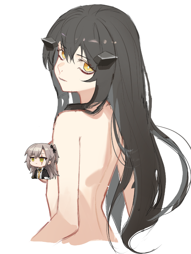 dandelion (girls' frontline), leva (girls' frontline 2), ump45 (girls' frontline), girls' frontline, girls' frontline 2: exilium, commentary, english commentary, 1girl, back, black hair, bright pupils, cameo, censored, censored nipples, character censor, chibi, chibi inset, closed mouth, cropped torso, expressionless, headgear, long hair, looking at viewer, looking back, median furrow, novelty censor, nude, official art inset, parody, simple background, solo, straight hair, takaprince, white background, white pupils, yellow eyes