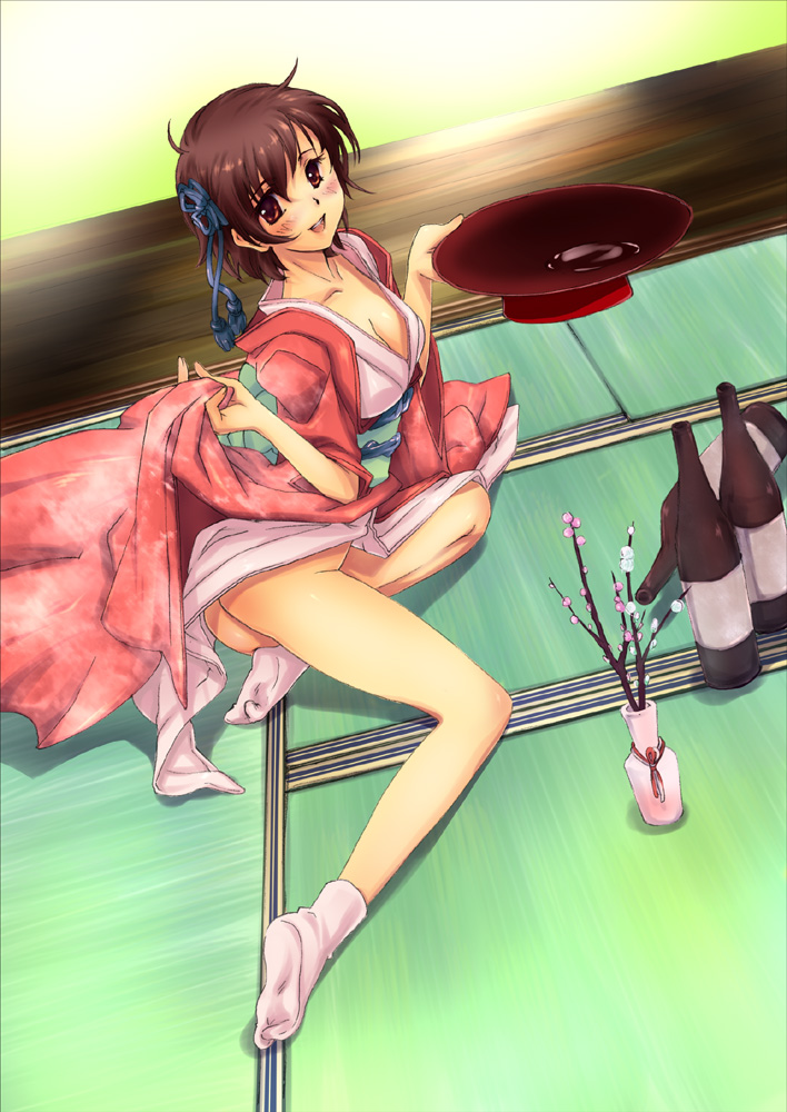kawagoe pochi, meiko (vocaloid), vocaloid, bad id, bad pixiv id, 1girl, alcohol, blush, brown eyes, brown hair, feet, female focus, japanese clothes, kimono, legs, no panties, sake, short hair, socks, solo, tabi