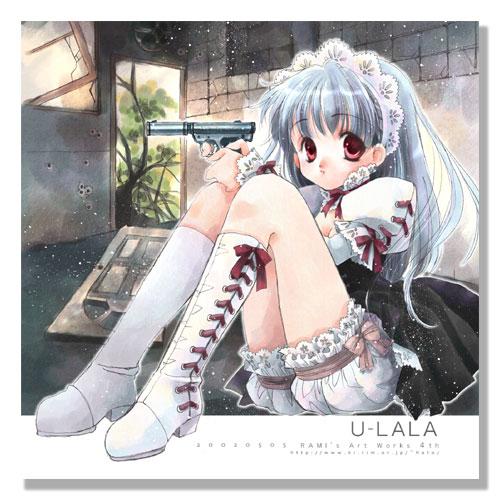 hato rami, rami, original, lowres, md5 mismatch, bloomers, blue hair, boots, gun, handgun, long hair, panties, red eyes, ribbon, ruins, solo, underwear, weapon