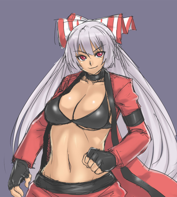 houtengeki, fujiwara no mokou, rugal bernstein, snk, the king of fighters, touhou, 1girl, bra, breasts, choker, cleavage, cosplay, female focus, fingerless gloves, gloves, jacket, large breasts, lingerie, navel, purple background, red eyes, ribbon, rugal bernstein (cosplay), sketch, solo, underwear, white hair