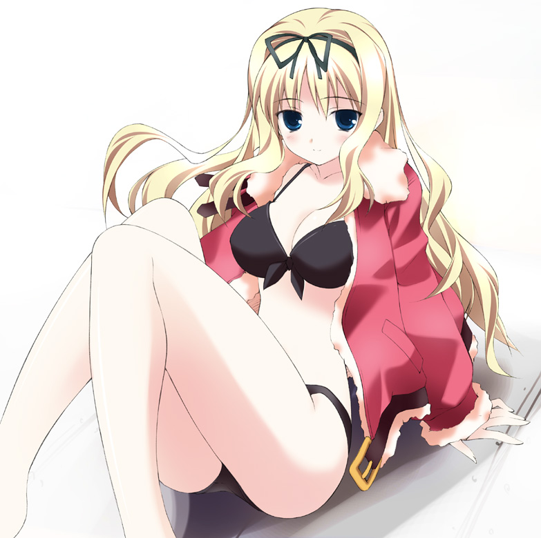 sakana (flame sakana), kusugawa sasara, to heart (series), to heart 2, 00s, 1girl, bikini, black bikini, blonde hair, blue eyes, breasts, christmas, cleavage, female focus, hair ribbon, large breasts, long hair, ribbon, santa bikini, santa costume, solo, swimsuit, thighs
