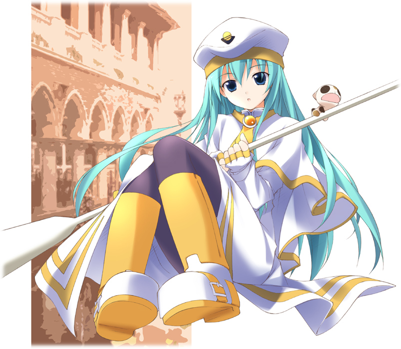 sakana (flame sakana), alice carroll, aria (manga), 00s, 1girl, aqua hair, blue eyes, female focus, hat, pantyhose, solo, staff