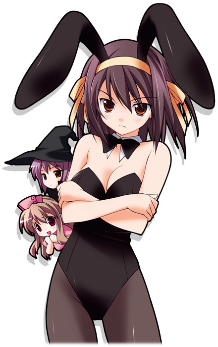 sakana (flame sakana), asahina mikuru, nagato yuki, suzumiya haruhi, suzumiya haruhi no yuuutsu, 00s, 3girls, angry, animal ears, blush, breasts, brown eyes, brown hair, cleavage, fake animal ears, hair ribbon, hairband, hat, multiple girls, nurse, nurse cap, pantyhose, playboy bunny, rabbit ears, red eyes, ribbon, short hair, witch, witch hat