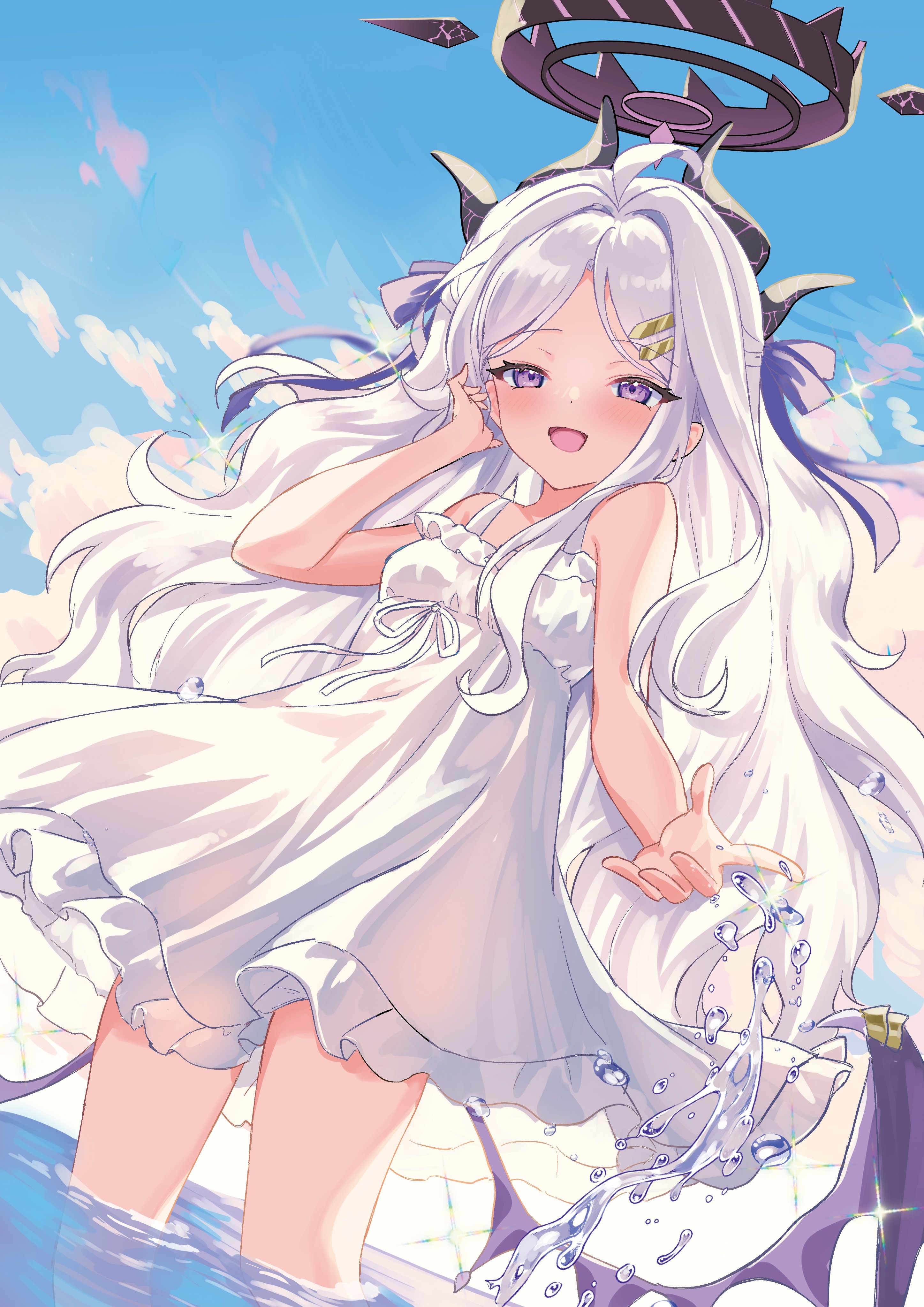 motohara moka, hina (blue archive), blue archive, absurdres, highres, 1girl, ahoge, black halo, blue sky, blush, breasts, day, demon girl, demon horns, demon wings, halo, horns, long hair, looking at viewer, low wings, ocean, open mouth, outdoors, purple eyes, sky, small breasts, solo, very long hair, white hair, wings