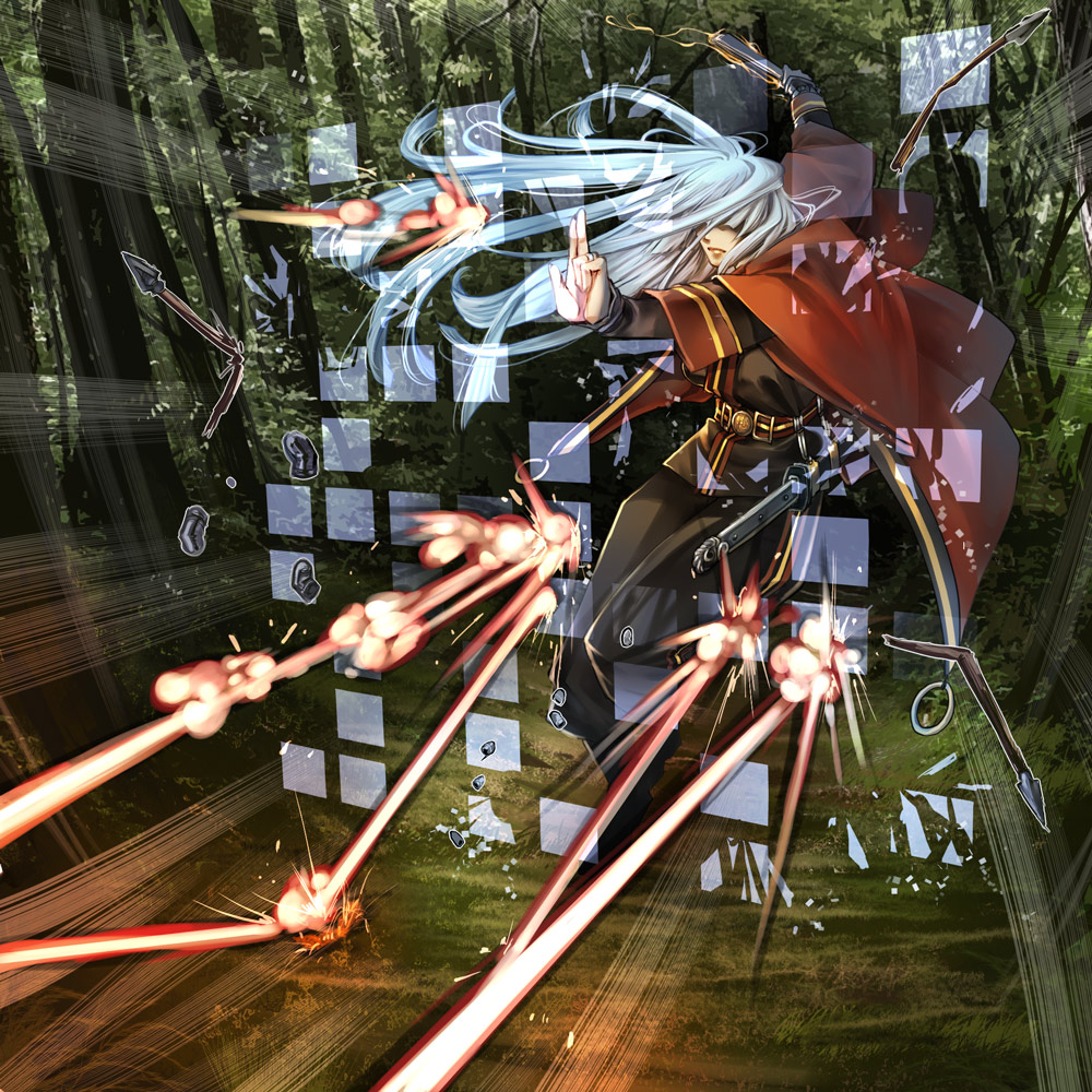 takayama dan, pixiv fantasia, pixiv fantasia 3, 1boy, akatsuhara empire, arrow (projectile), bullet, long hair, magic, male focus, nature, shield, solo, sword, weapon, white hair