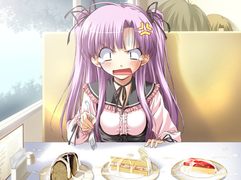 shintarou, shingyouji mao, boy meets girl, game cg, 1girl, ahoge, anger vein, angry, blush, cake, choker, constricted pupils, cream, cum, cum on food, dessert, dress, female focus, food, fork, frills, gokkun, hair ribbon, long hair, open mouth, pastry, purple eyes, purple hair, ribbon, solo, tears, twintails, two side up