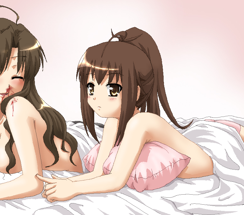 hayashiya zankurou, koizumi itsuki, koizumi itsuki (female), kyonko, suzumiya haruhi no yuuutsu, 00s, 2girls, bad end, blood, closed eyes, genderswap, genderswap (mtf), multiple girls, nosebleed, panties, pillow, ponytail, topless female, underwear, underwear only