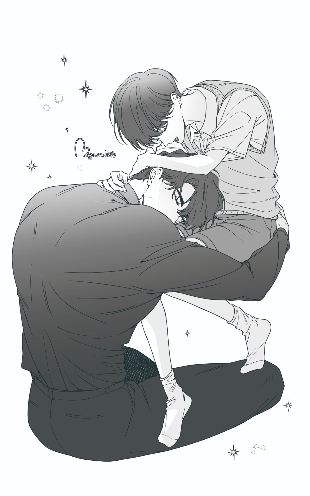 maga mok23, kim dokja, oldest dream, secretive plotter, yoo joonghyuk, omniscient reader's viewpoint, commentary request, highres, korean commentary, 2boys, arm around neck, black hair, black shirt, black shorts, closed eyes, collared shirt, crossed ankles, grey vest, greyscale, hand on another's back, head down, hug, invisible chair, male focus, monochrome, multiple boys, shirt, short hair, shorts, sitting, slouching, vest, white shirt