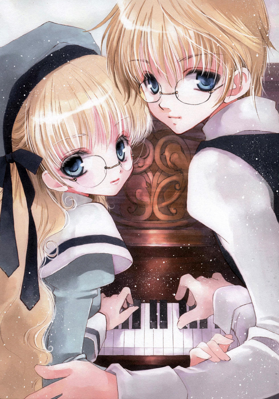 hato rami, rami, original, highres, 1boy, 1girl, blonde hair, blue eyes, eyelashes, glasses, gradient background, hat, instrument, piano, ribbon, school uniform, upper body, upright piano, white background