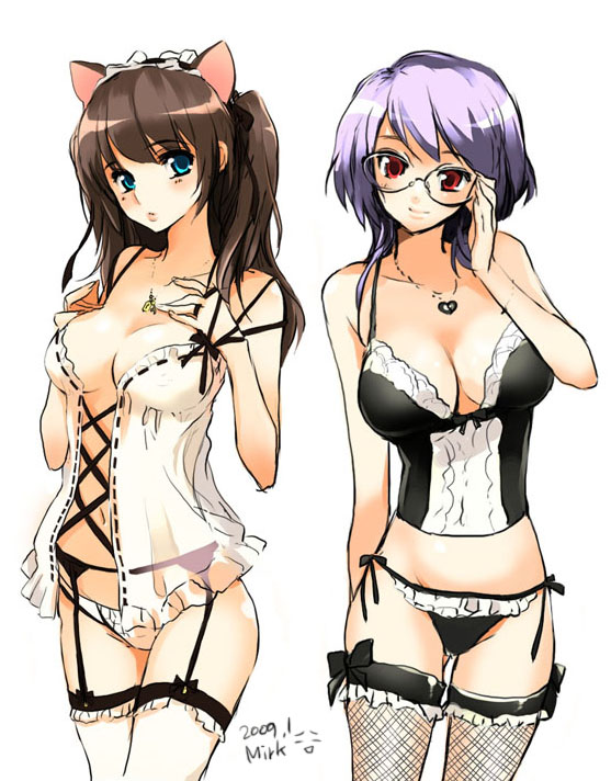 mirk, bad id, bad pixiv id, 2girls, adjusting eyewear, animal ears, bow, bowtie, breasts, brown hair, cat ears, cat girl, cleavage, corset, female focus, fishnets, garter belt, glasses, green eyes, hairband, jewelry, lingerie, long hair, multiple girls, necklace, nightgown, panties, purple hair, red eyes, short hair, side-tie panties, simple background, thighhighs, twintails, underwear, white background, white thighhighs