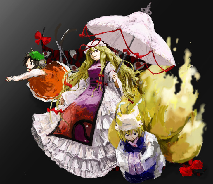 poncho (poncho), chen, yakumo ran, yakumo yukari, touhou, 3girls, animal ears, animal hat, black background, blonde hair, brown hair, cat ears, cat girl, cat tail, earrings, female focus, fox tail, gap (touhou), hair ribbon, hands in opposite sleeves, hat, jewelry, long hair, long sleeves, mob cap, multiple girls, multiple tails, purple eyes, ribbon, short hair, tail, tassel, umbrella, wide sleeves