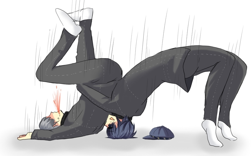 amnos18, narukami yu, shirogane naoto, atlus, persona, persona 4, bad id, bad pixiv id, 1boy, 1girl, androgynous, blood, german suplex, hat, newsboy cap, reverse trap, school uniform, socks, suplex