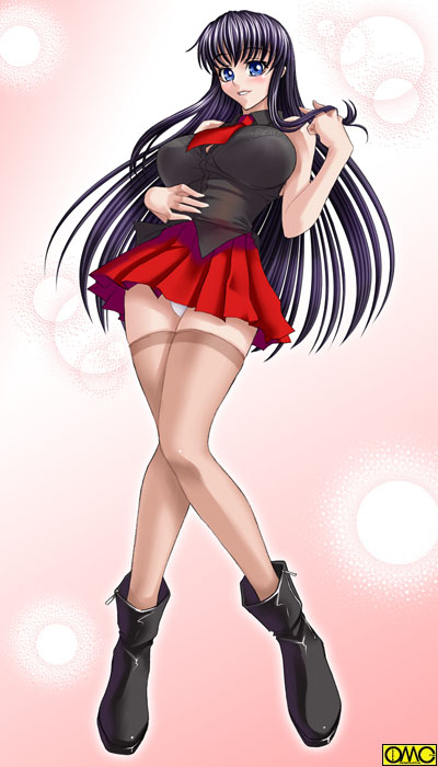 kagami hirotaka, omc, ginjou akane, original, tokyo kaidan, 1girl, :d, adjusting hair, bare shoulders, black hair, blue eyes, blush, boots, breasts, brown thighhighs, female focus, gradient background, grin, huge breasts, lace, large breasts, lens flare, long hair, looking at viewer, miniskirt, necktie, open mouth, panties, pantyshot, pink background, pleated skirt, see-through clothes, shirt, sidelocks, skirt, sleeveless, sleeveless shirt, smile, solo, standing, thighhighs, underwear, upskirt, very long hair, watermark, white panties, zettai ryouiki, zipper