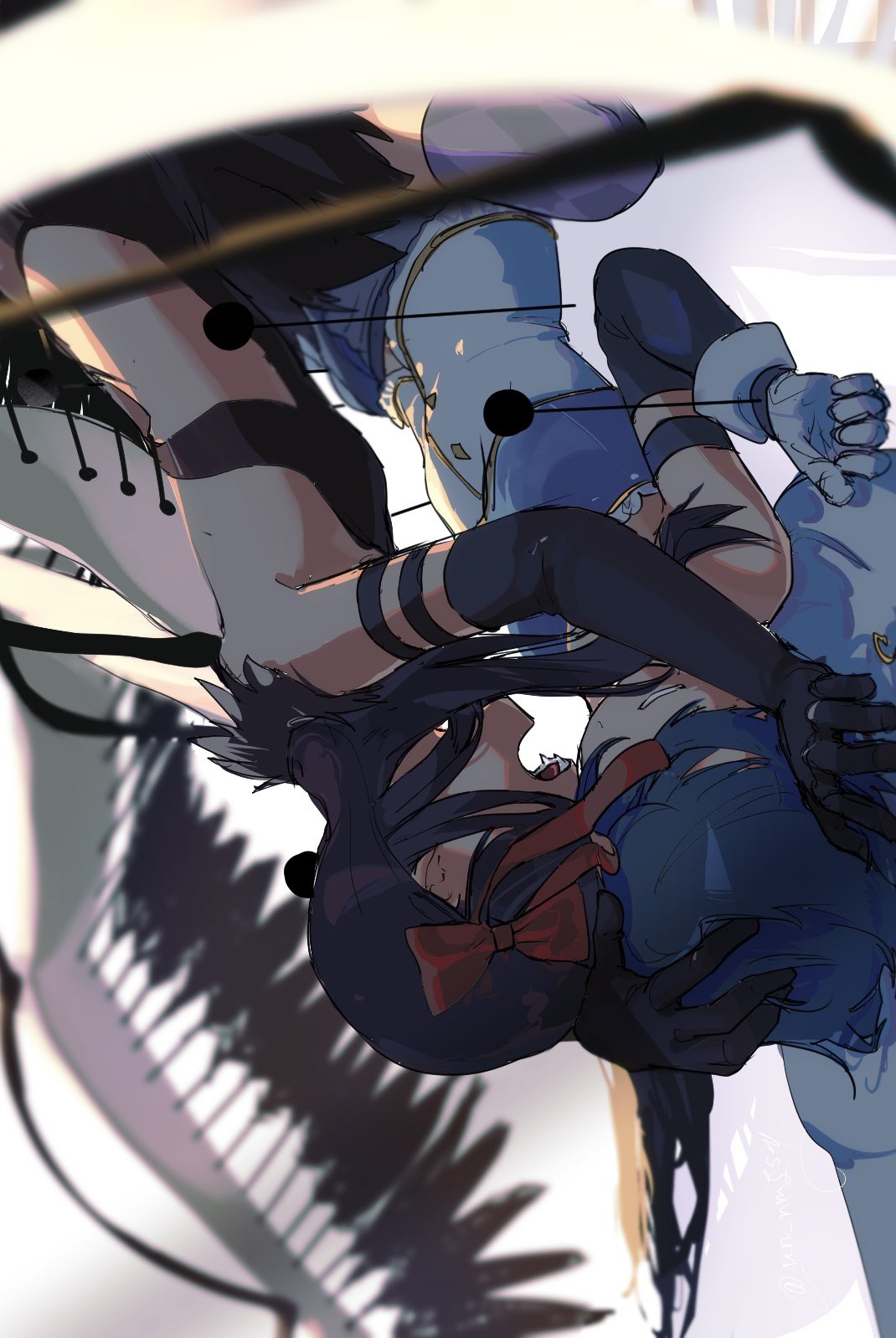 un nm5sy, akemi homura, akuma homura, miki sayaka, miki sayaka (magical girl), mahou shoujo madoka magica, highres, 2girls, black hair, blue hair, bow, elbow gloves, fangs, gloves, hair bow, hair over eyes, hand on another's head, long hair, multiple girls, open mouth, red bow, simple background, upside-down, white background, wings, yuri