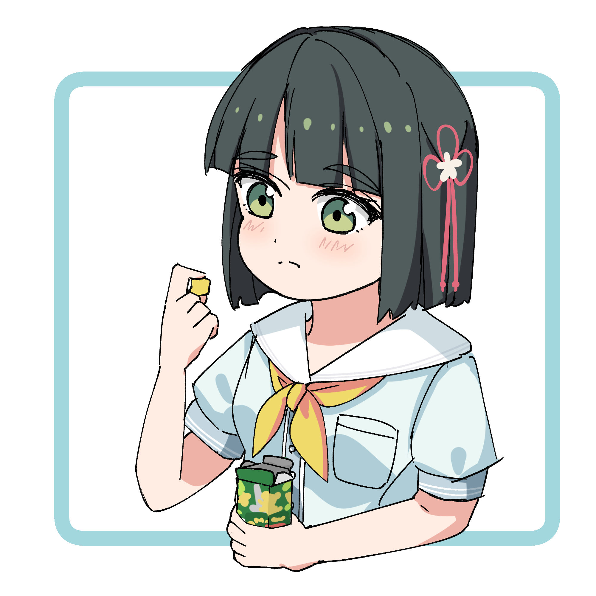 sen yousoro, momose ginko, link! like! love live!, love live!, commentary, highres, 1girl, black hair, blue dress, blunt bangs, blunt ends, bob cut, breast pocket, closed mouth, cropped torso, dress, flower, flower knot, food, frown, hair flower, hair ornament, hasu no sora school uniform, holding, holding food, neckerchief, pocket, sailor collar, sailor dress, school uniform, short hair, short sleeves, simple background, solo, split mouth, summer uniform, virtual youtuber, white background, white flower, white sailor collar, yellow neckerchief
