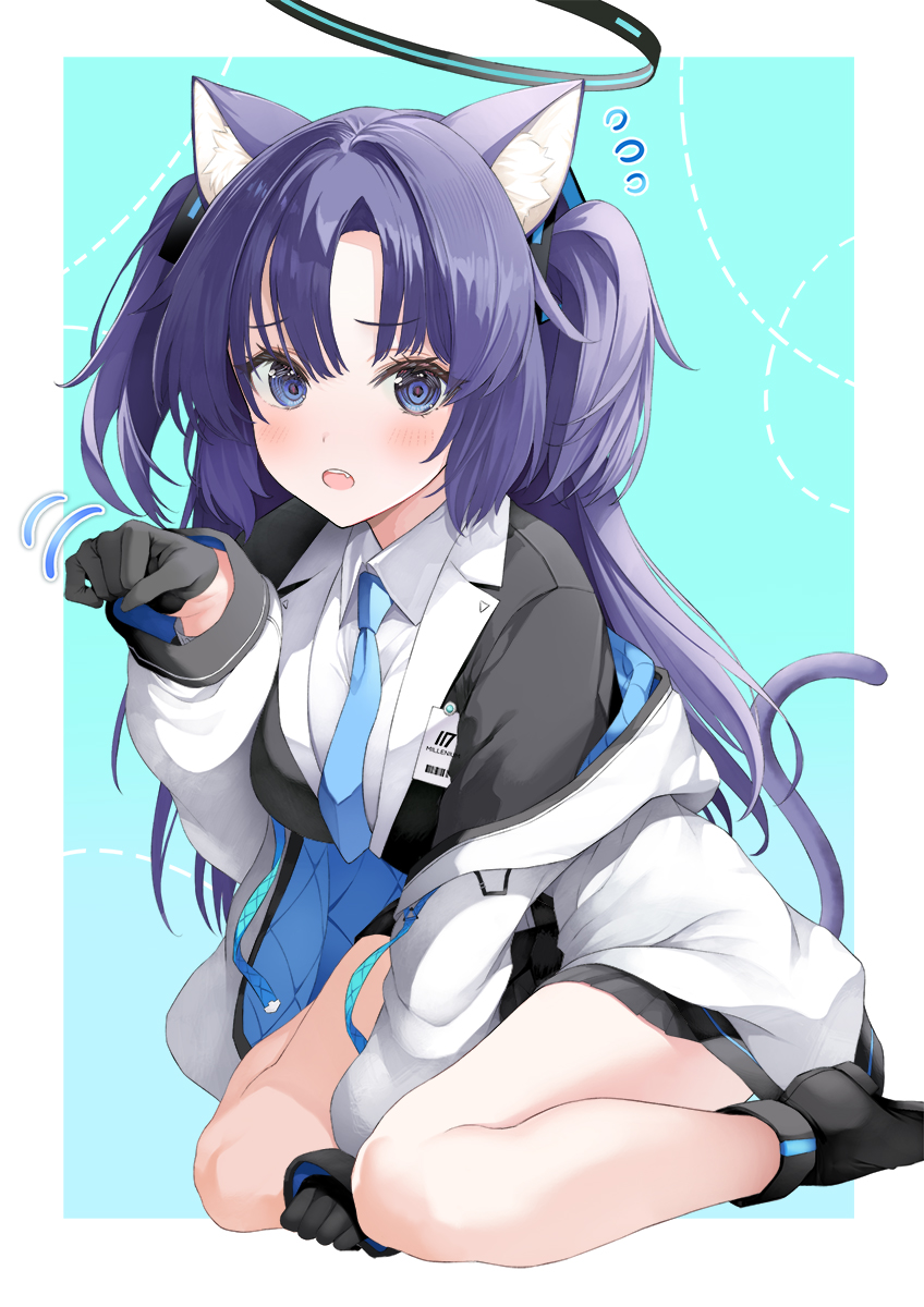 inuzumi masaki, yuuka (blue archive), blue archive, highres, 1girl, animal ears, black gloves, black halo, black skirt, blue eyes, blue necktie, breasts, cat ears, cat girl, cat tail, gloves, hair ornament, halo, id card, jacket, jacket partially removed, kemonomimi mode, large breasts, long hair, long sleeves, looking at viewer, mechanical halo, miniskirt, necktie, open mouth, paw pose, pleated skirt, purple hair, shirt, skirt, solo, tail, triangle hair ornament, two-sided fabric, two-sided jacket, two side up, white shirt