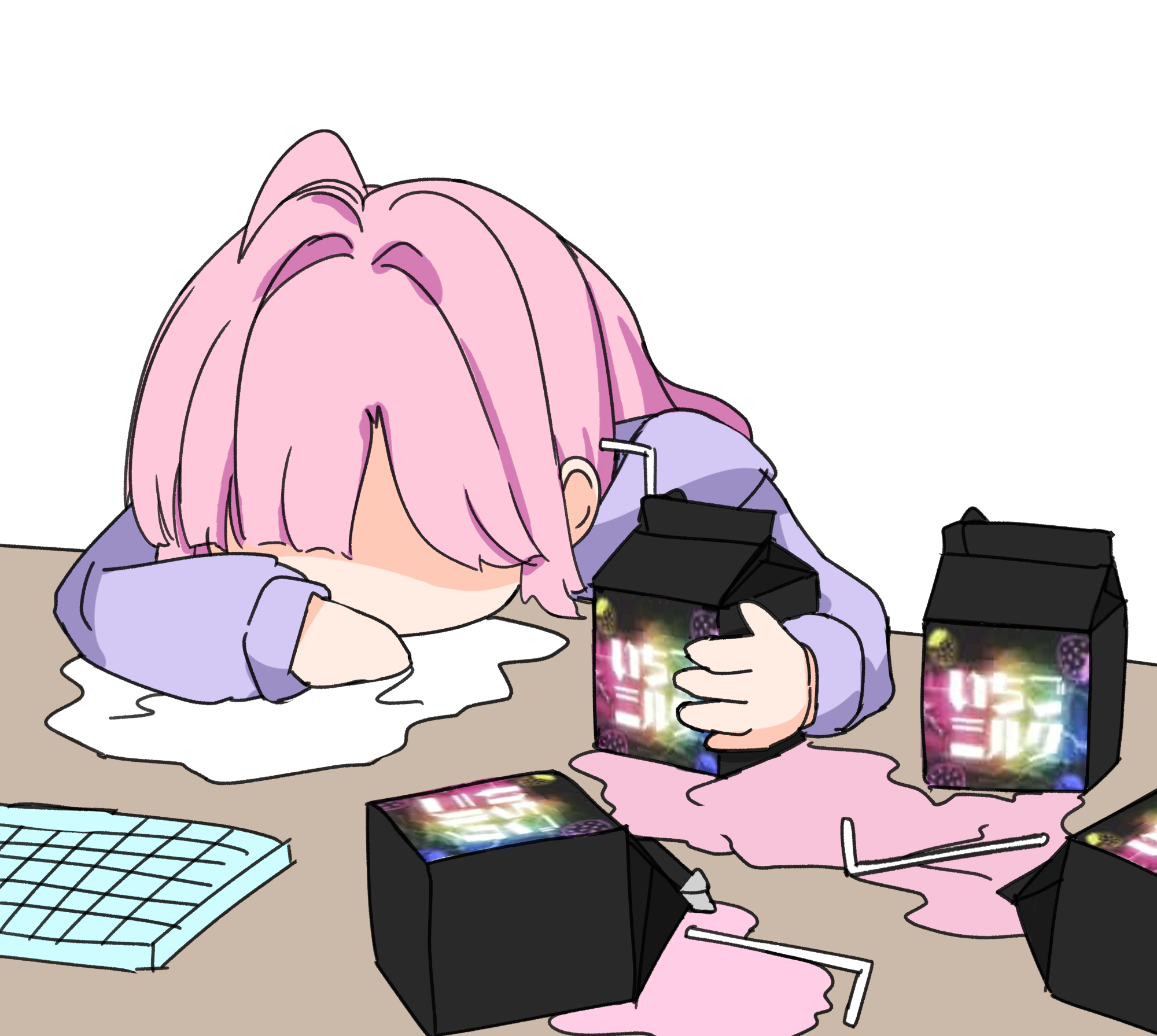 sen yousoro, anyoji hime, anyoji hime (winter loungewear), link! like! love live!, love live!, commentary, highres, 1girl, ahoge, computer keyboard, desk, drinking straw, faceless, faceless female, gaming strawberry milk (love live!), hood, hoodie, long hair, milk carton, official alternate costume, pink hair, purple hoodie, simple background, sleeping, sleeping on desk, solo, strawberry milk, virtual youtuber, white background