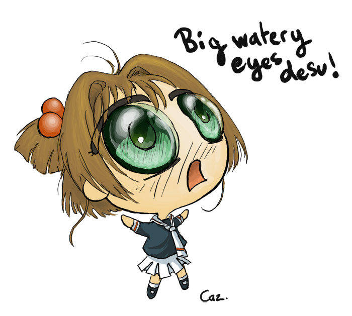 kinomoto sakura, cardcaptor sakura, tomoyo42's room, desu, watery eyes, 1girl, big head, brown hair, chibi, child, english text, eye focus, female focus, full body, green eyes, hair bobbles, hair ornament, looking up, open mouth, parody, school uniform, short hair, skirt, solo, text focus, tomoeda middle school uniform