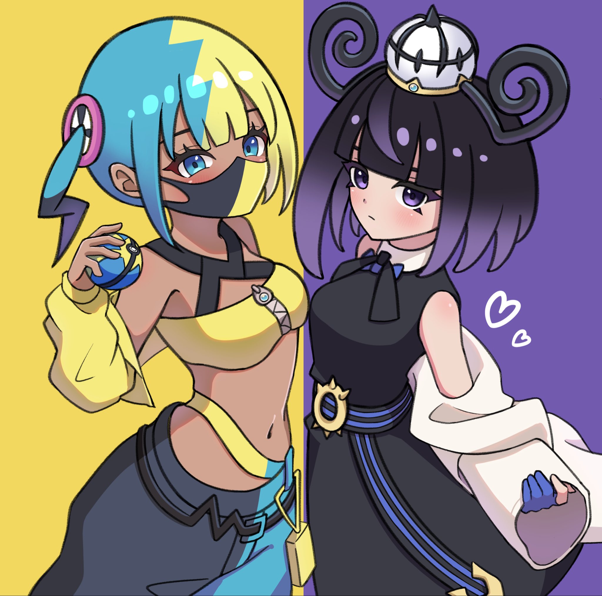 relight, canari (pokemon), gwynn (pokemon), nintendo, pokemon, pokemon legends: z-a, highres, 2girls, aqua eyes, aqua hair, aqua pants, belt, belt buckle, black dress, black hair, black pants, blonde hair, blunt bangs, blush, bob cut, buckle, closed mouth, coat, coat partially removed, crop top, dark-skinned female, dark skin, dress, gloves, gradient hair, hat, heart, holding, holding poke ball, jacket, jacket partially removed, looking at viewer, mask, mouth mask, multicolored hair, multiple girls, navel, o-ring, o-ring belt, pants, partially fingerless gloves, poke ball, purple eyes, purple hair, quick ball, sleeveless, sleeveless dress, split-color hair, two-tone background, two-tone pants, white coat, white hat, yellow jacket