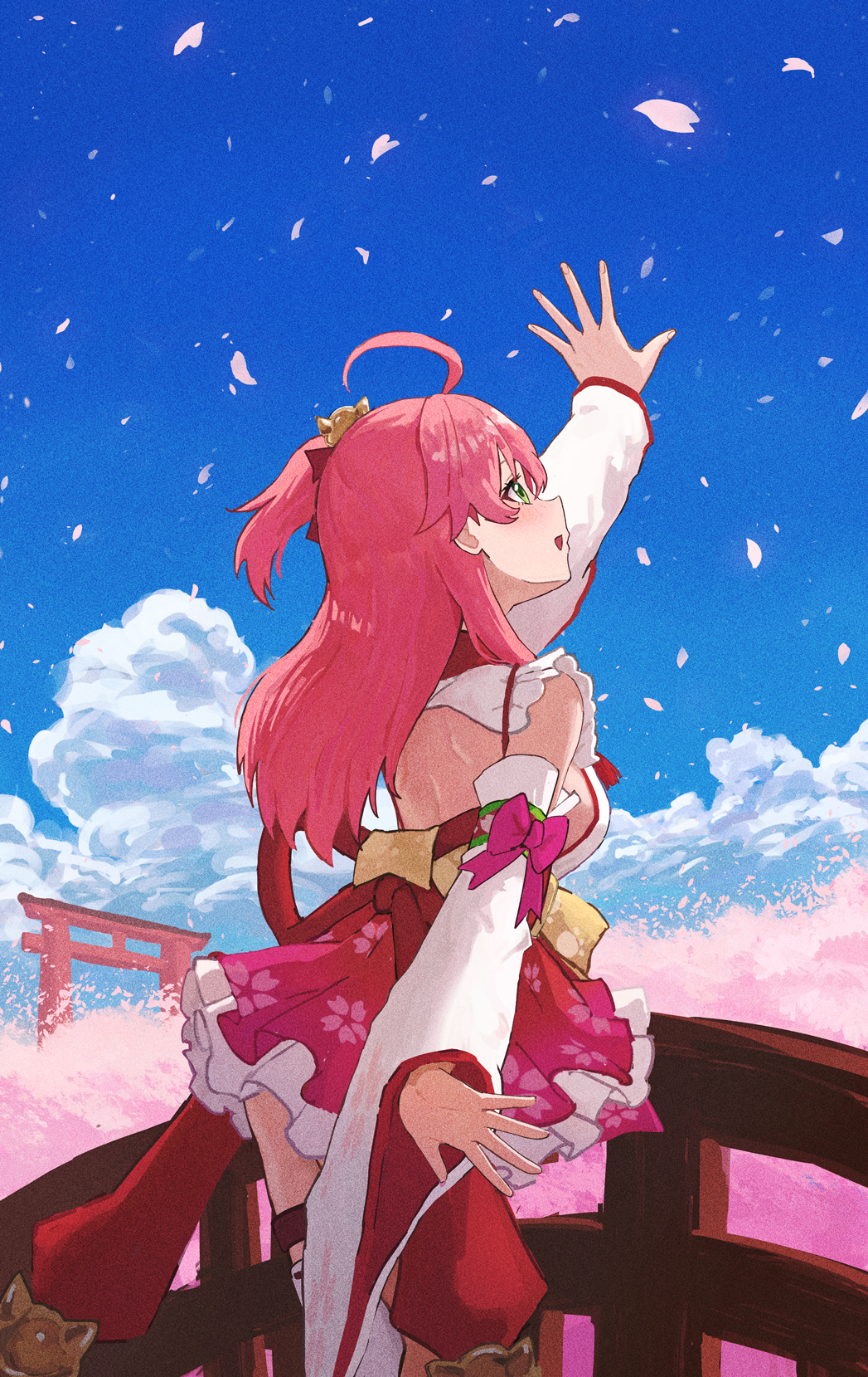 ryoha kosako, sakura miko, sakura miko (1st costume), hololive, highres, 1girl, ahoge, arm bow, arm up, back, bell, blue sky, blush, bow, breasts, cherry blossoms, cloud, cloudy sky, day, detached sleeves, green eyes, hair bell, hair ornament, hair ribbon, hakama, hakama short skirt, hakama skirt, japanese clothes, large breasts, long hair, long sleeves, looking up, one side up, open mouth, outdoors, pink bow, pink hair, pink hakama, red ribbon, ribbon, sash, shirt, shoulder blades, skirt, sky, solo, thighs, torii, virtual youtuber, white shirt, white sleeves, yellow sash