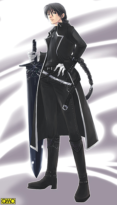 1boy, black boots, black hair, black theme, boots, braid, gloves, long hair, male focus, single braid, solo, sword, weapon