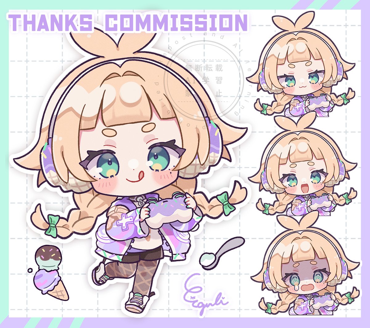 original, commentary, commission, skeb commission, 1girl, :3, :d, :q, @ @, antenna hair, black shorts, blonde hair, blunt bangs, blush stickers, border, borrowed character, bow, braid, brown pantyhose, chibi, chibi only, closed mouth, controller, egissi, food, full body, game controller, green border, green bow, green eyes, hair bow, headphones, holding, holding controller, holding game controller, ice cream, jacket, long hair, long sleeves, looking at viewer, open clothes, open jacket, open mouth, outside border, pantyhose, pantyhose under shorts, purple border, purple jacket, shaded face, shirt, shoes, shorts, signature, smile, spoon, standing, standing on one leg, teardrop, thick eyebrows, tongue, tongue out, twin braids, watermark, white background, white shirt, white shoes