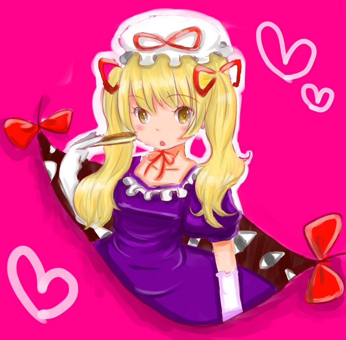 kanna (meronpan1108), rinko (pixiv), rinko (rizumu), yakumo yukari, touhou, bad id, bad pixiv id, 1girl, alternate hairstyle, blonde hair, elbow gloves, female focus, gap (touhou), gloves, hair ribbon, hat, long hair, ribbon, solo, twintails, white gloves, yellow eyes