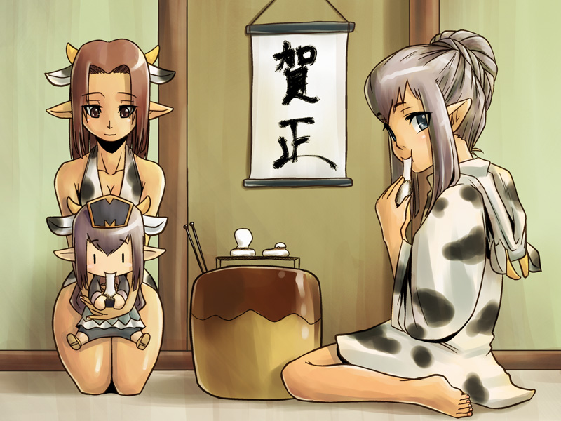 tara baka ni, elvaan, prishe, ulmia, final fantasy, final fantasy xi, 00s, 3girls, animal print, barefoot, brown eyes, cow print, elf, feet, food, grey eyes, mochi, multiple girls, new year, pointy ears, purple hair, red hair, wagashi