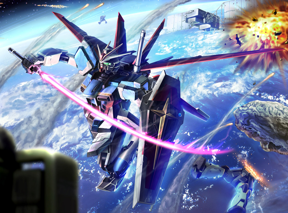 mala, mala (artist), impulse gundam, zaku, zaku ii, zaku ii f/j, zaku warrior, gundam, gundam seed, gundam seed destiny, 00s, battle, damaged, earth (planet), energy sword, explosion, mecha, meteor, planet, robot, satellite, shield, sword, war, weapon