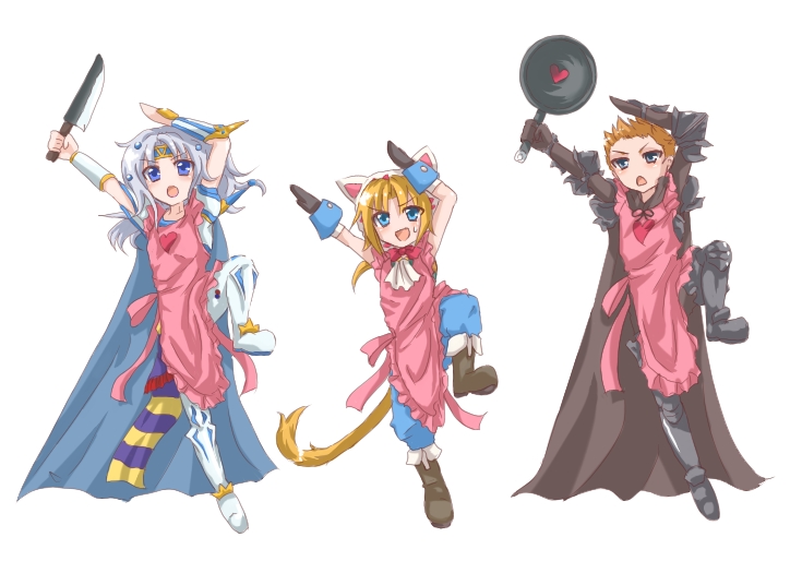 minnku, cecil harvey, gabranth, gabranth (ff12), zidane tribal, dissidia final fantasy, final fantasy, final fantasy iv, final fantasy ix, final fantasy xii, bad id, bad pixiv id, spoilers, 00s, 1990s (style), 3boys, animal ears, apron, cat boy, cat ears, cat tail, frying pan, heart, knife, male focus, multiple boys, retro artstyle, sweatdrop, tail, white background