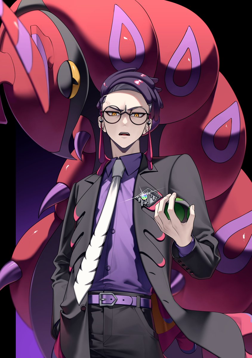 forute na, corbeau (pokemon), scolipede, nintendo, pokemon, pokemon legends: z-a, antennae, belt, black background, black pants, black suit, bug, collared shirt, eyewear strap, formal clothes, gen 5 pokemon, glasses, hand in pocket, holding, holding poke ball, mega stone, necktie, open mouth, pants, pillbug, poke ball, pokemon (creature), purple background, purple hair, purple shirt, shirt, short hair, slit pupils, suit, white necktie, yellow eyes