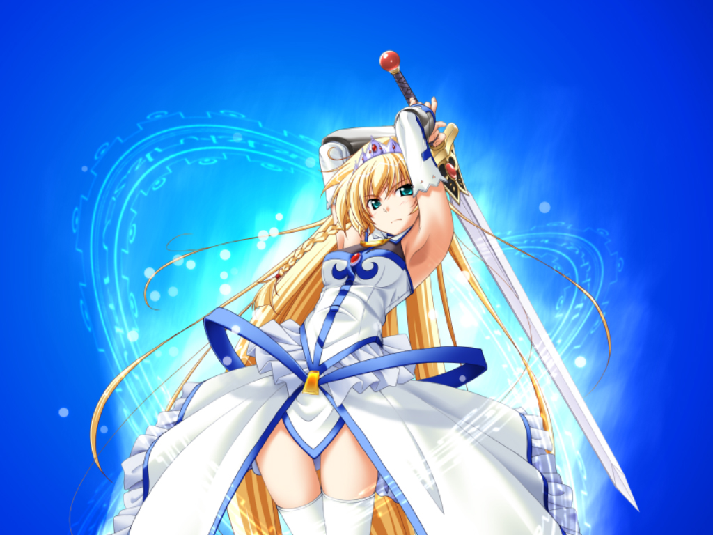 takeya masami, iris (princess waltz), princess waltz, 1girl, angry, aqua eyes, armor, armpits, arms up, belt, blonde hair, blush, bracer, braid, breasts, brooch, detached sleeves, female focus, fighting stance, frills, frown, glowing, heart, jewelry, long hair, magic circle, princess, side braid, solo, standing, sword, thigh gap, thighhighs, thighs, tiara, very long hair, weapon, white thighhighs, zettai ryouiki