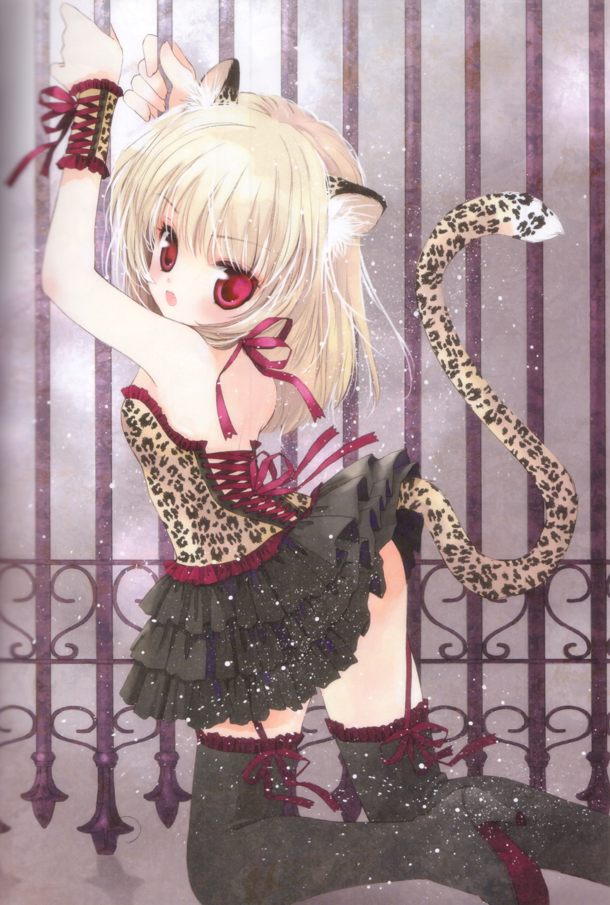 hato rami, rami, absurdres, highres, 1girl, animal ears, animal print, blonde hair, blush, cat ears, cat tail, corset, female focus, kneeling, leopard print, looking back, open mouth, red eyes, ribbon, solo, tail, thighhighs