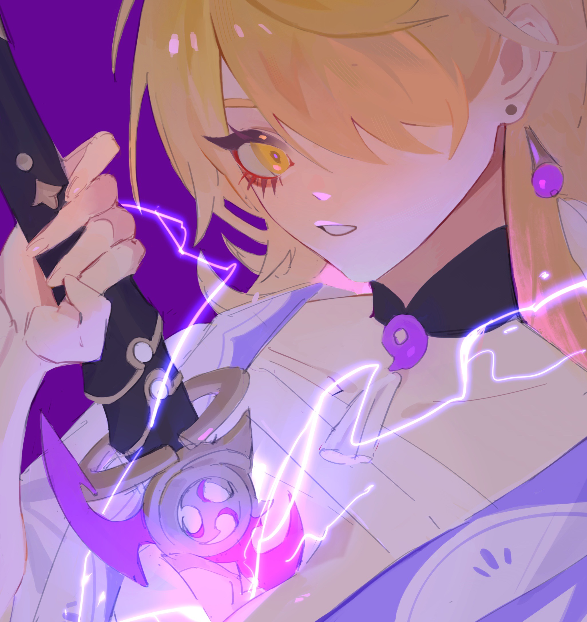 aether (genshin impact), raiden shogun, genshin impact, chinese commentary, highres, 1girl, alternate costume, alternate universe, bandages, between breasts, black choker, blonde hair, breasts, choker, cleavage, close-up, collarbone, cosplay, detached collar, drawing sword, earrings, electricity, eyeliner, genderswap, genderswap (mtf), glowing, glowing sword, glowing weapon, hair over one eye, holding, holding sword, holding weapon, human scabbard, japanese clothes, jewelry, kimono, large breasts, long hair, looking at viewer, looking to the side, makeup, mitsudomoe (shape), musou isshin (genshin impact), parted lips, powering up, purple kimono, raiden shogun (cosplay), red eyeliner, shade, single earring, solo, standing, sword, sword between breasts, teeth, tomoe (symbol), upper body, wavy hair, weapon, wide-eyed, xiaofangfang49820, yellow eyes