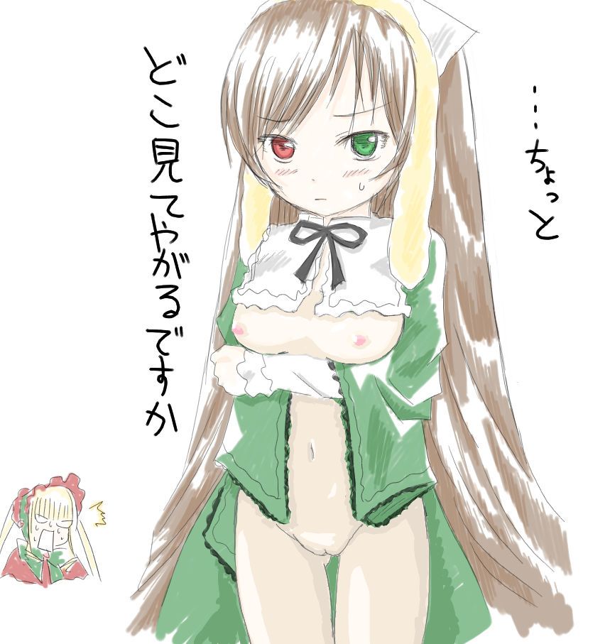 shinku, suiseiseki, rozen maiden, 00s, breasts, brown hair, doll, long hair, pussy, text focus, undressing