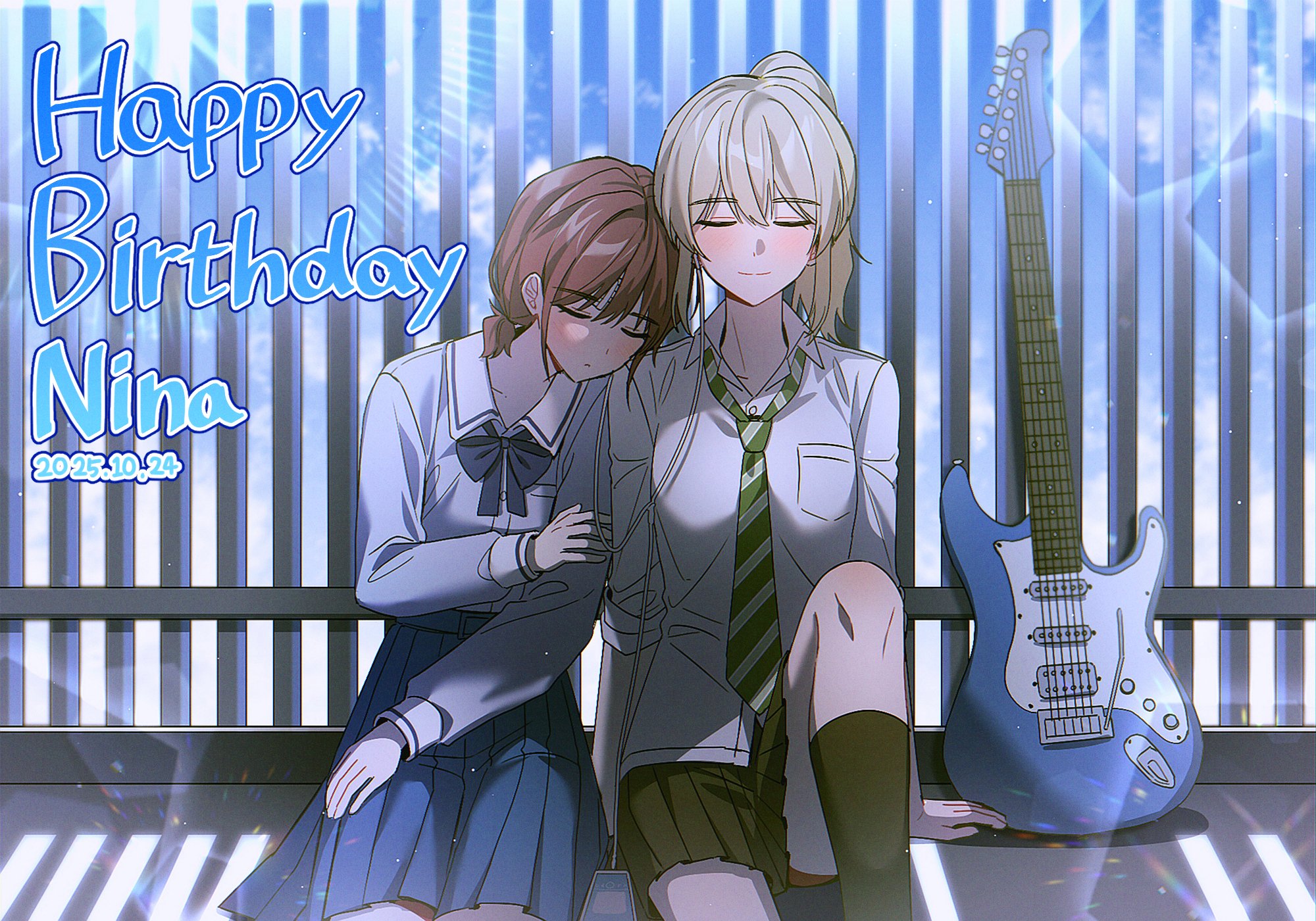 iseri nina, kawaragi momoka, girls band cry, highres, 2girls, blue sky, bow, bowtie, closed eyes, dated, day, earphones, electric guitar, fence, grey hair, guitar, happy birthday, head on another's shoulder, instrument, lens flare, long hair, low twintails, medium hair, mkra1n3, multiple girls, necktie, outdoors, ponytail, red hair, rooftop, school uniform, shared earphones, sitting, skirt, sky, socks, sunlight, twintails, yuri