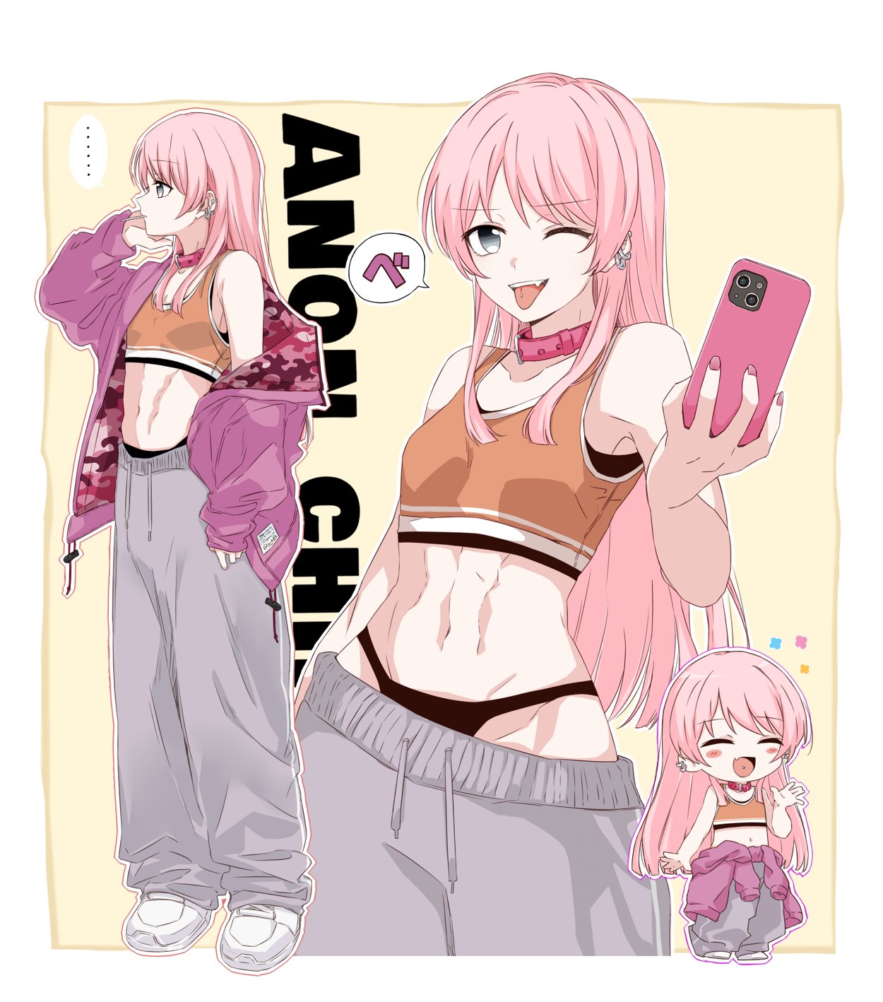 porinki, chihaya anon, bang dream!, bang dream! it's mygo!!!!!, commentary, highres, 1girl, abs, black panties, breasts, character name, clothes around waist, collar, ear piercing, fang, grey eyes, grey pants, hand up, jacket, jacket around waist, long hair, navel, one eye closed, open clothes, open jacket, open mouth, orange sports bra, outline, panties, pants, piercing, pink collar, pink hair, pink jacket, pink nails, single off shoulder, skin fang, small breasts, sports bra, stomach, teeth, tongue, tongue out, tongue piercing, underwear, upper teeth only, white outline