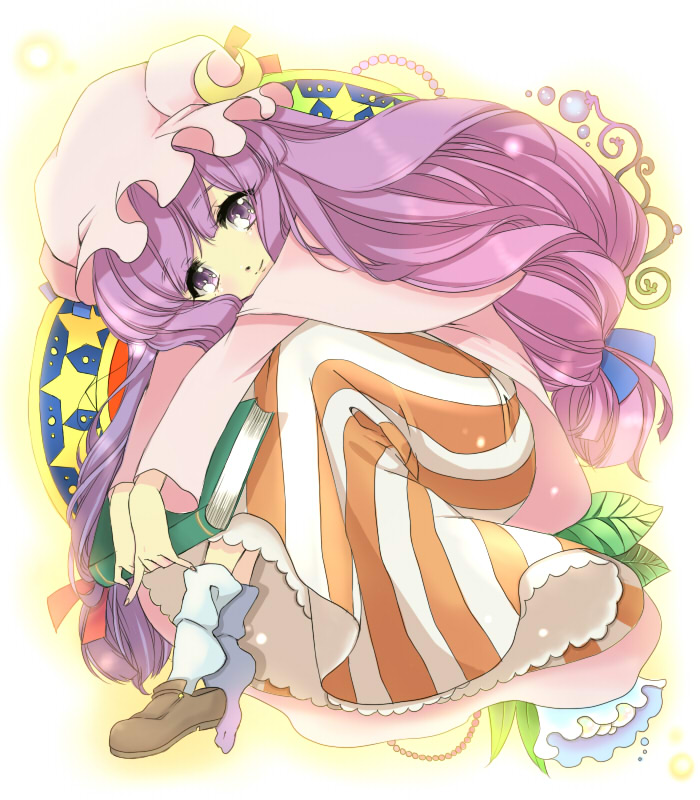 chigo, patchouli knowledge, touhou, 1girl, book, dress, female focus, hat, long hair, purple eyes, purple hair, shoe dangle, shoes, single shoe, socks, solo