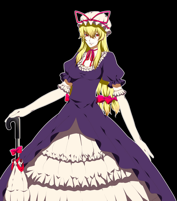 harano, yakumo yukari, touhou, 1girl, breasts, closed umbrella, dress, elbow gloves, female focus, gloves, hat, simple background, solo, umbrella, white gloves