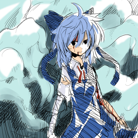 hamo (perfect harmony), cirno, embodiment of scarlet devil, touhou, lowres, 1girl, female focus, sketch, solo