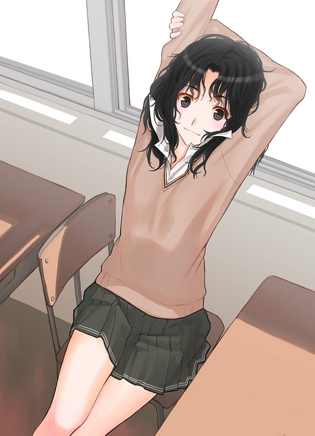 sakamoto mineji, tanamachi kaoru, amagami, 1girl, arms up, blush, classroom, desk, female focus, flat chest, indoors, miniskirt, school, school desk, school uniform, skirt, smile, solo, stretching