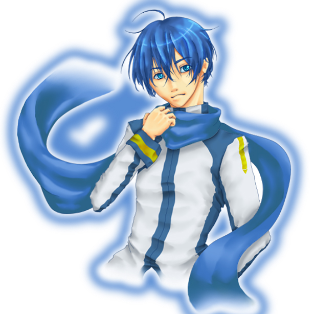 zaa, zaa (bounce), kaito (vocaloid), vocaloid, 1boy, ahoge, blue eyes, blue hair, blue scarf, male focus, matching hair/eyes, scarf, short hair, solo