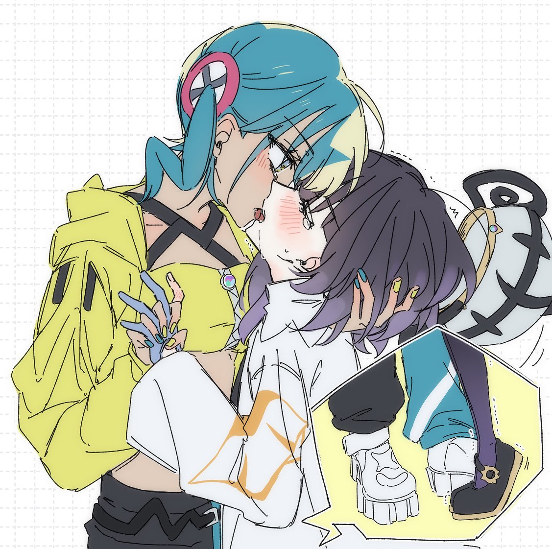 sakizome1001, canari (pokemon), gwynn (pokemon), nintendo, pokemon, pokemon legends: z-a, commentary request, 2girls, aqua hair, aqua nails, aqua pants, bandana, bandeau, black hair, black pants, black shoes, blonde hair, blue gloves, blush, breasts, collarbone, dark-skinned female, dark skin, fingernails, french kiss, gloves, holding hands, interlocked fingers, jacket, kiss, medium breasts, multicolored hair, multicolored nails, multiple girls, pants, saliva, shoes, standing, tears, tongue, tongue out, twintails, two-tone hair, two-tone pants, white jacket, white shoes, yellow bandana, yellow bandeau, yellow jacket, yellow nails, yuri
