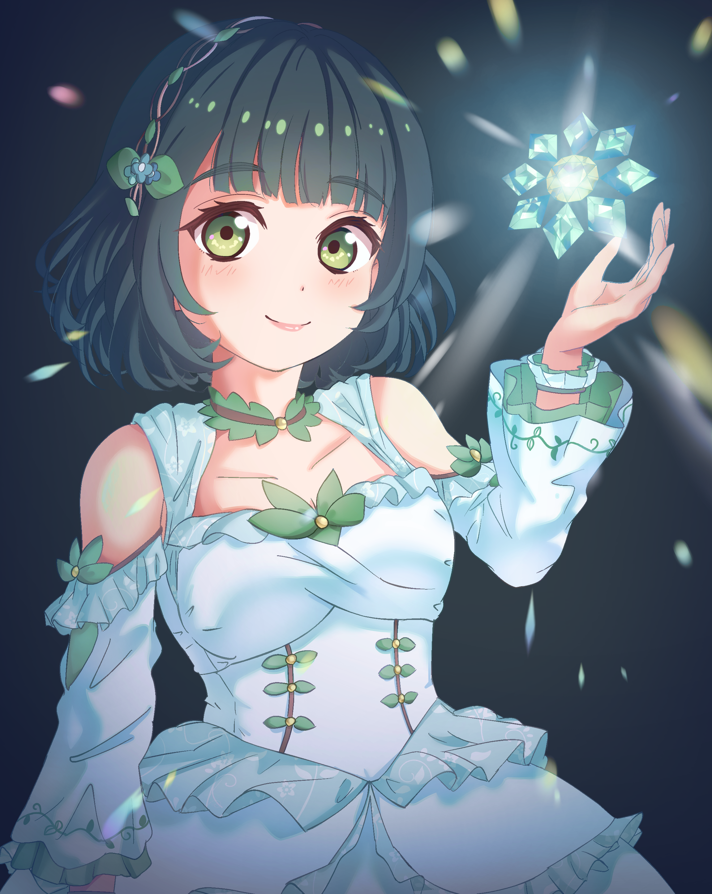sen yousoro, momose ginko, link! like! love live!, love live!, absurdres, commentary, highres, textless version, 1girl, bare shoulders, black background, black hair, blush, bob cut, breasts, closed mouth, cowboy shot, detached sleeves, dress, frilled dress, frills, gem, green eyes, hitoyo ni yume ga saku you ni, long sleeves, looking at viewer, medium breasts, object floating above hand, official alternate costume, short hair, sleeveless, sleeveless dress, smile, solo, virtual youtuber, white dress