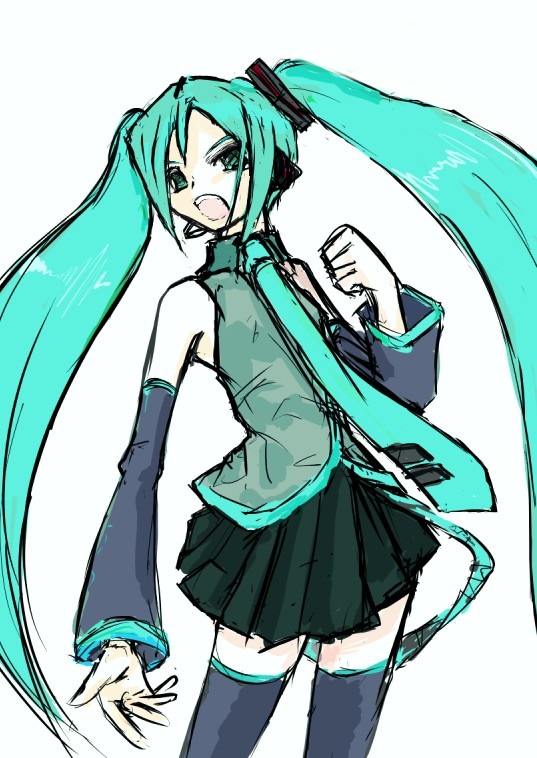 nakamoto masami, hatsune miku, vocaloid, 1girl, aqua hair, arm at side, belt, black boots, black skirt, boots, clenched hand, collared shirt, cowboy shot, detached sleeves, female focus, grey shirt, hair ornament, headphones, headset, legs apart, long hair, microphone, miniskirt, necktie, pleated skirt, shirt, simple background, sketch, skirt, solo, thigh boots, thighhighs, twintails, white background