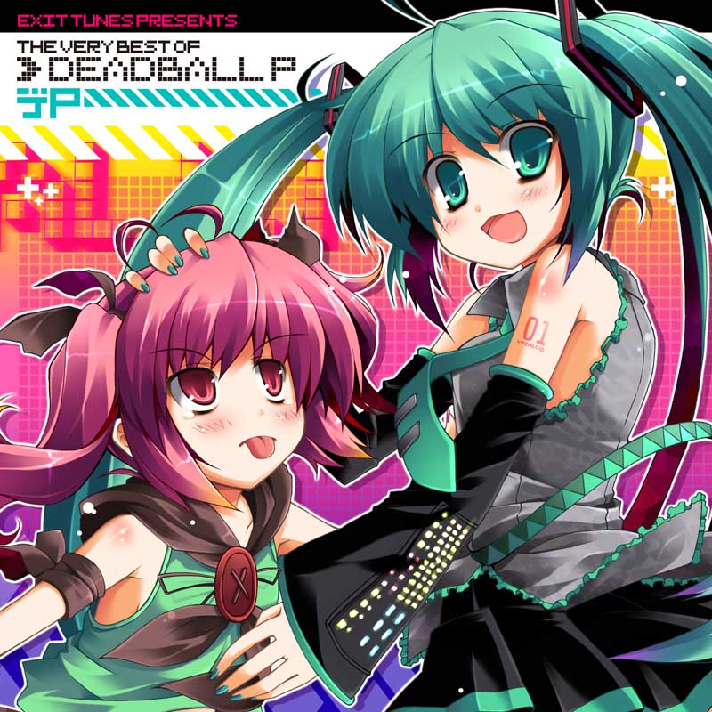 utsurogi angu, dep-tan, hatsune miku, vocaloid, 2girls, antenna hair, aqua hair, bare shoulders, blue eyes, blue hair, blush, detached sleeves, headgear, long sleeves, looking at viewer, multiple girls, pink eyes, pink hair, sidelocks, tareme, twintails