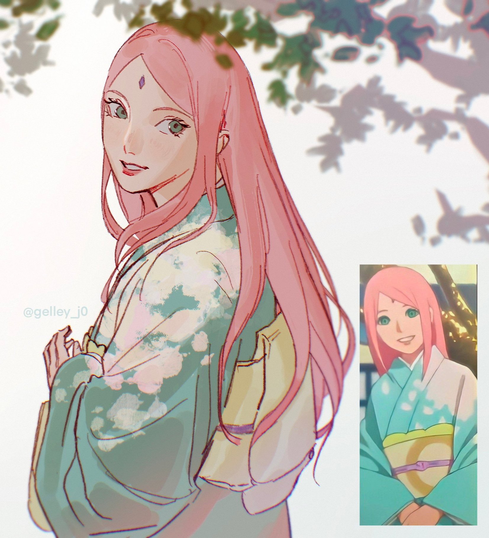 haruno sakura, naruto (series), highres, 1girl, aqua kimono, facial mark, forehead mark, gelley j0, green eyes, japanese clothes, kimono, long hair, official alternate costume, parted bangs, parted lips, pink hair, pink lips, reference inset, smile, solo, twitter username, upper body, white background