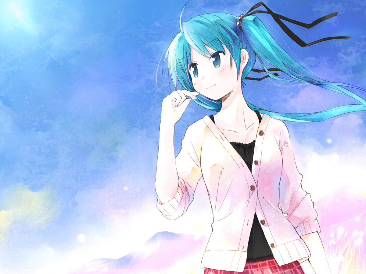 nonaka yuu, hatsune miku, melt (vocaloid), vocaloid, looking away, 1girl, aqua hair, beads, black ribbon, blue eyes, blue hair, cardigan, casual, collarbone, day, female focus, floating hair, frills, glowing, grass, hair beads, hair ornament, hair ribbon, matching hair/eyes, mountain, outdoors, plaid clothes, plaid skirt, red skirt, ribbon, ripples, skirt, sky, solo, three-quarter sleeves, unbuttoned, upper body, wind
